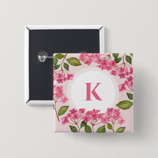 Wasserfarbrosa Hydrangea Lacecaps Monogramm Button (Vorne & Hinten)