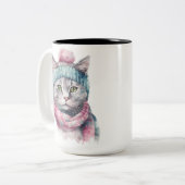 WASSERFARBTABBY MIT PINK & BLUE HAT SCARF ZWEIFARBIGE TASSE (Vorderseite Links)