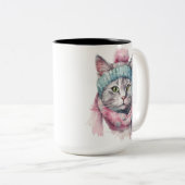 WASSERFARBTABBY MIT PINK & BLUE HAT SCARF ZWEIFARBIGE TASSE (VorderseiteRechts)