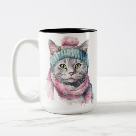 WASSERFARBTABBY MIT PINK & BLUE HAT SCARF ZWEIFARBIGE TASSE (Links)