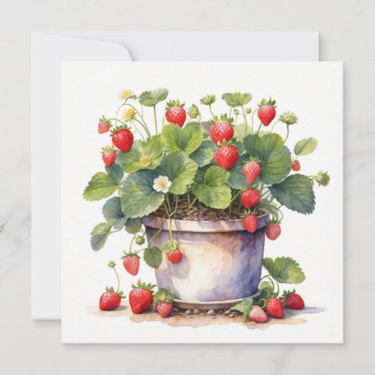 Wasserfarbtopf mit Erdbeeren-Pflanze Karte (Vorderseite)