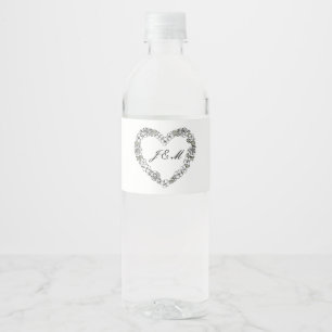 Wasserflasche Hochzeit schwarz-weiß Herz Blumenmus Wasserflaschenetikett
