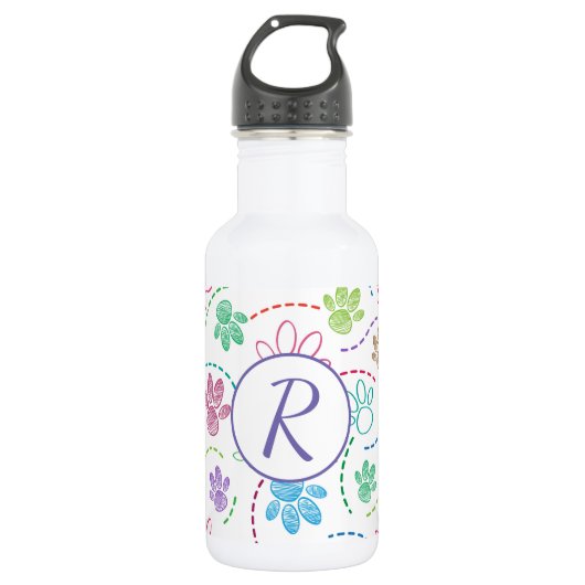 Wasserflasche mit buntem Tatzendruckmuster (Vorderseite)