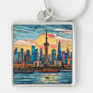 Wasserfront-Skyline von Shanghai bei Sonnenunterga Schlüsselanhänger