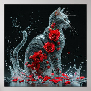 🌹 Wasserkatze umgeben von roten Rosen Fantasy Rom Poster