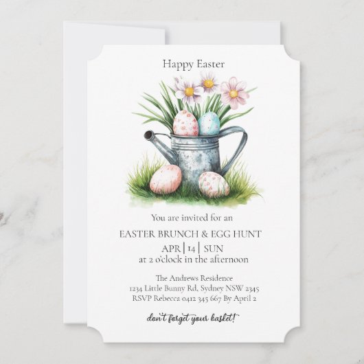 Wasserkorb mit dekorativen Eiern und Eierjagd Einladung (Vorderseite)