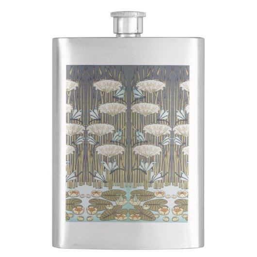 Wasserlilien, Libellen, Marsh Art Nouveau Flachmann (Vorderseite)