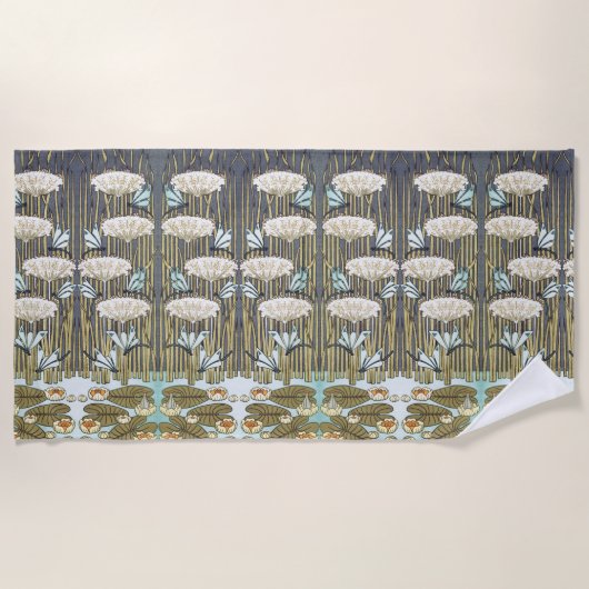 Wasserlilien, Libellen, Marsh Art Nouveau Strandtuch (Vorderseite)