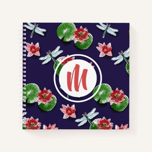 Wasserlilien und Libellen Monogram Sketch|Notebook Notizblock (Vorderseite)