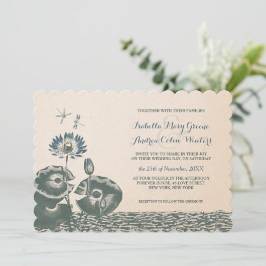 Wasserlilien- und -libellenhochzeit einladung (Stehend Vorderseite)