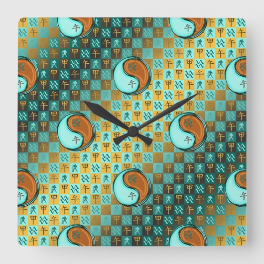 Wassermann & Holzpferd Quadratische Wanduhr (Vorderseite)