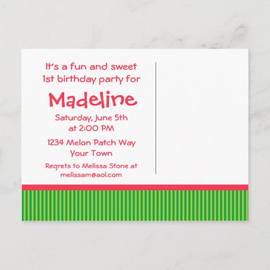 Wassermelone 1. Geburtstag Streifen Einladungspostkarte (Rückseite)