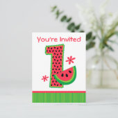 Wassermelone 1. Geburtstag Streifen Einladungspostkarte (Stehend Vorderseite)