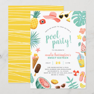 Wassermelone, Ananas und tropische Blätter Party P Einladung
