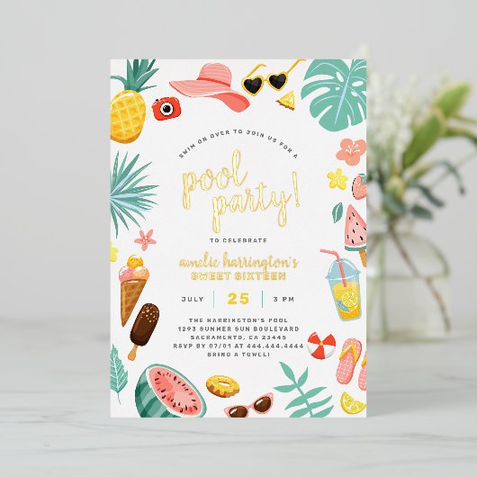 Wassermelone, Ananas und tropische Blätter Party P Folieneinladung (Stehend vorne)