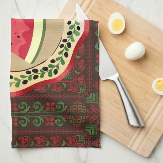 Wassermelone auf Olivenplatte mit palästinensische Geschirrtuch (Viertel Falte)