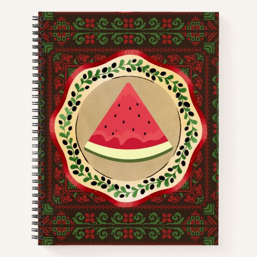 Wassermelone auf Olivenplatte mit palästinensische Notizblock (Vorderseite)