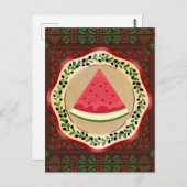 Wassermelone auf Olivenplatte mit palästinensische Postkarte (Vorne/Hinten)