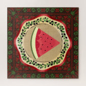 Wassermelone auf Olivenplatte mit palästinensische Puzzle (Horizontal)