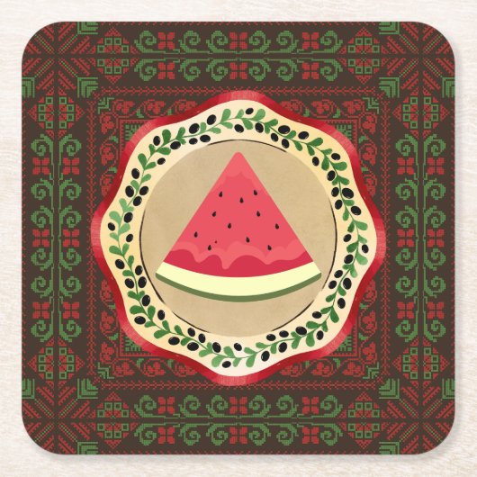 Wassermelone auf Olivenplatte mit palästinensische Rechteckiger Pappuntersetzer (Vorderseite)
