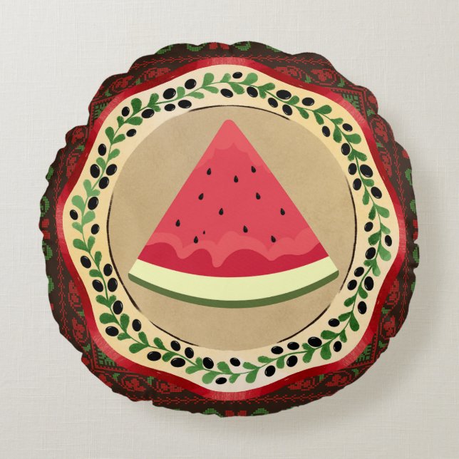 Wassermelone auf Olivenplatte mit palästinensische Rundes Kissen (Vorderseite)
