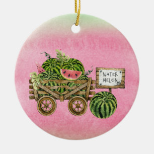 Wassermelone Ernte Bauernhof Wasserfarbe Holzkart Keramik Ornament