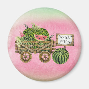 Wassermelone Ernte Bauernhof Wasserfarbe Holzkart Magnet