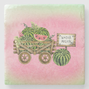 Wassermelone Ernte Bauernhof Wasserfarbe Holzkart Steinuntersetzer