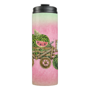 Wassermelone Ernte Bauernhof Wasserfarbe Holzkart Thermosbecher