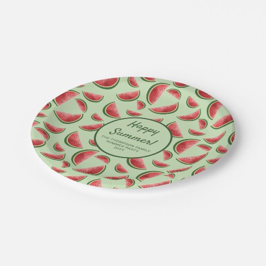 Wassermelone Fruchtmuster auf dem grünen Sommer-Pa Pappteller (Schrägansicht)