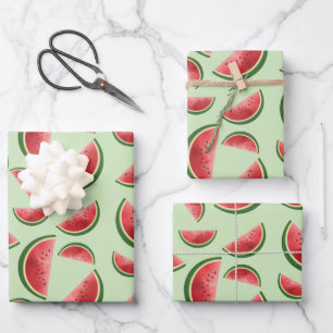 Wassermelone-Fruchtmuster auf grünem Grund Geschenkpapier Set
