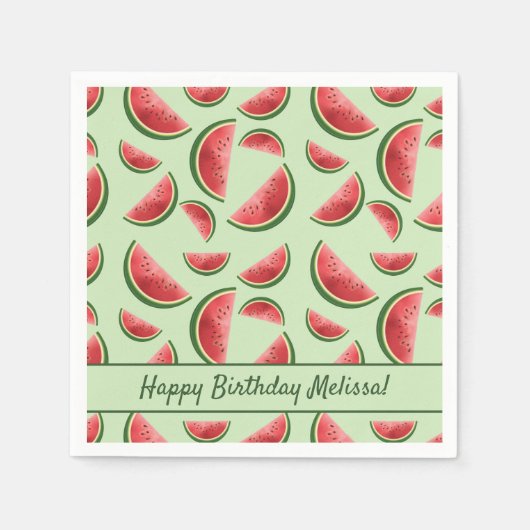 Wassermelone Fruchtmuster auf grünem Happy Birthda Serviette (Vorderseite)