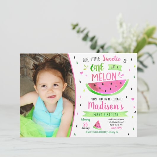 Wassermelone-Geburtstags-Einladung Einladung (Stehend Vorderseite)