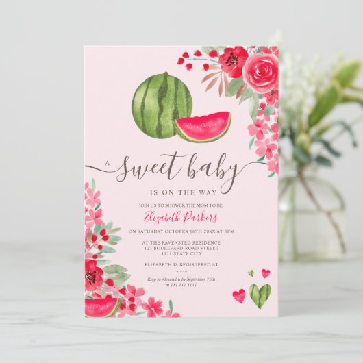 Wassermelone im Sommer Blütenfarbe Babydusche Einladung (Stehend Vorderseite)