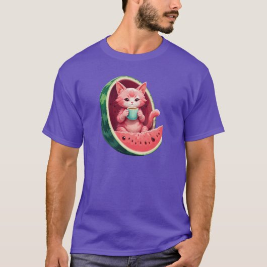 Wassermelone Katze Kaffeepause T-Shirt (Vorderseite)