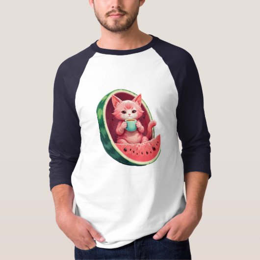 Wassermelone Katze Kaffeepause T-Shirt (Vorderseite)