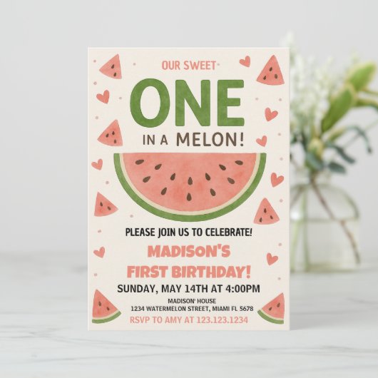 Wassermelone "One in a Melon" 1. Geburtstag Einladung (Stehend Vorderseite)