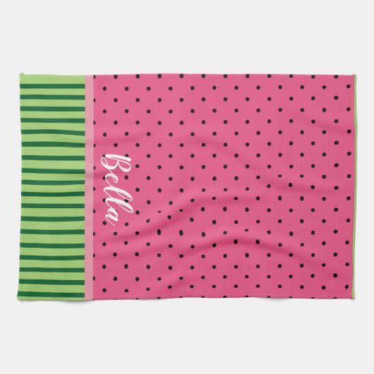 Wassermelone - Polka-Punkte und Streifen Geschirrtuch (Horizontal)