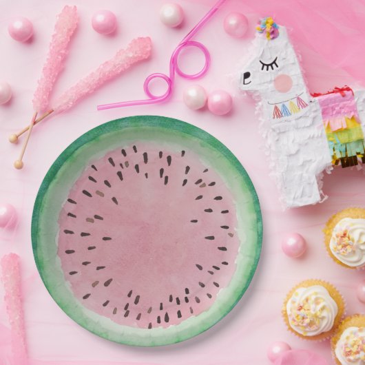 Wassermelone-rosa u. grünes handgemaltes Aquarell Pappteller (Party)