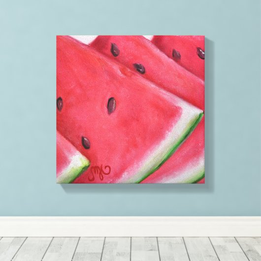 Wassermelone Scheiben - Stretchierte Canvas Print Leinwanddruck (Insitu (Holzboden))