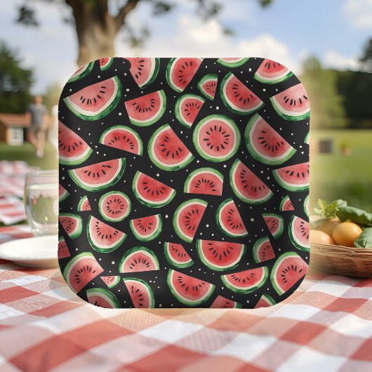 Wassermelone Sommer Party Juicy Wasserfarbe Schwar Pappteller