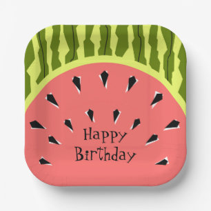 Wassermelone Stripe Pink Happy Birthday Square Pappteller