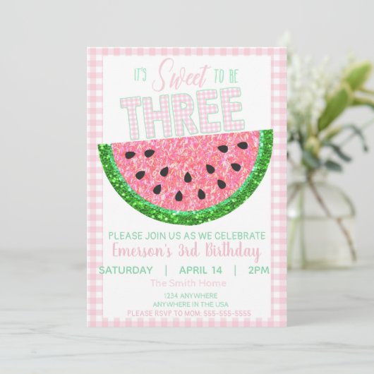 Wassermelone, Süße zu drei, Mädchen Glitzer Einladung (Stehend Vorderseite)