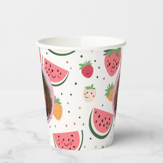 Wassermelone und Erdbeeren Foto und Name Paper Pappbecher (Links)