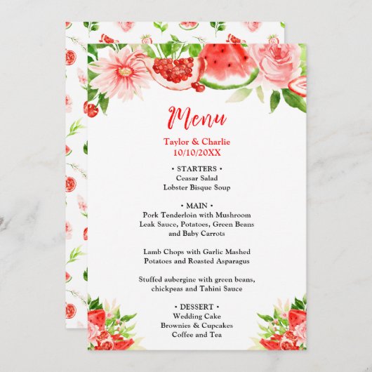 Wassermelone und Granatapfel Menükarte (Vorne/Hinten)