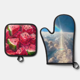 Wassermelone und Wolken Ofenhandschuh & Topflappen-Set