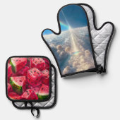 Wassermelone und Wolken Ofenhandschuh & Topflappen-Set (Vorderseite/Rückseite)