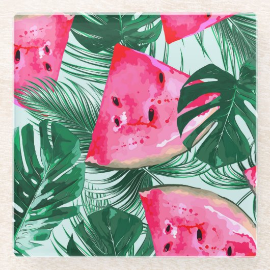 Wassermelonen, Blätter aus Palmen: tropisches naht Glasuntersetzer (Vorderseite)