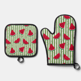 Wassermelonen-Streifen-Nahtloses Muster Ofenhandschuh & Topflappen-Set