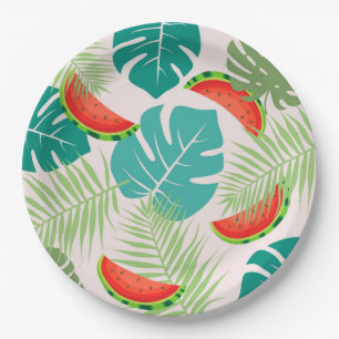 Wassermelonen und tropische Blätter Pappteller
